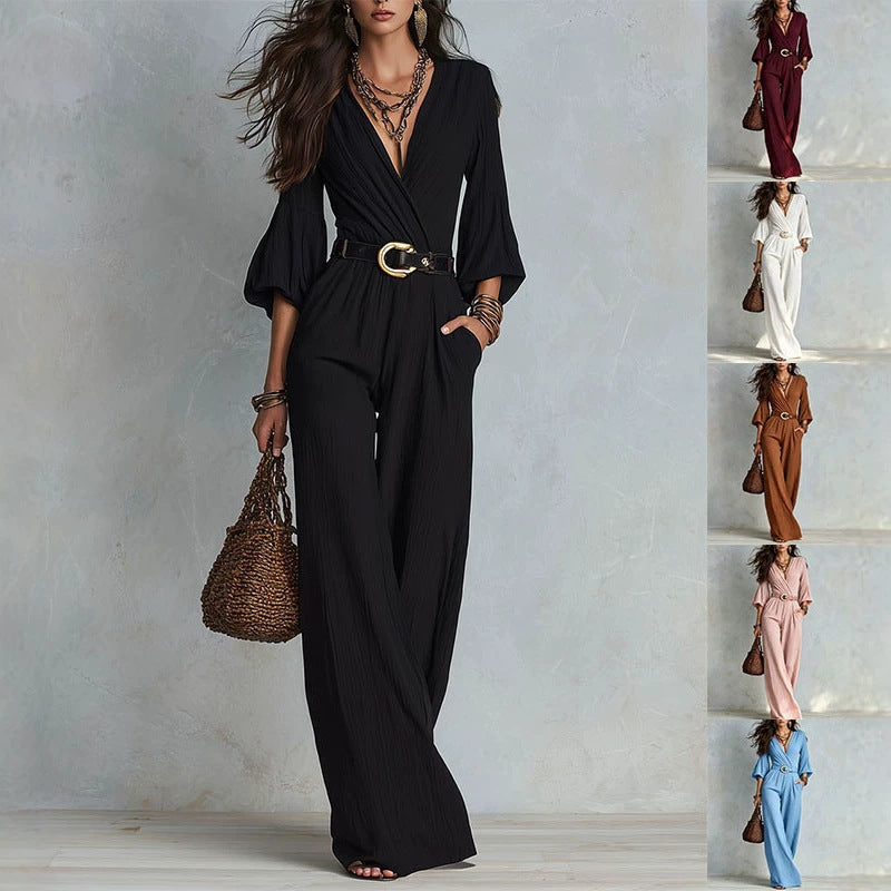 Crinkle Wrap V Neck Balloon Sleeve Belted Wide Leg Jumpsuit
