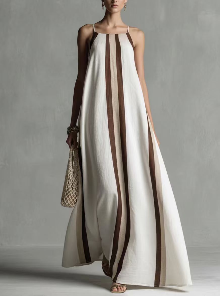 Vertical Stripe Spaghetti Strap Loose Flowy Maxi Dress