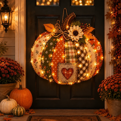 🍂🎃Autumn Retro Patchwork Pumpkin Door Hanging with Lights