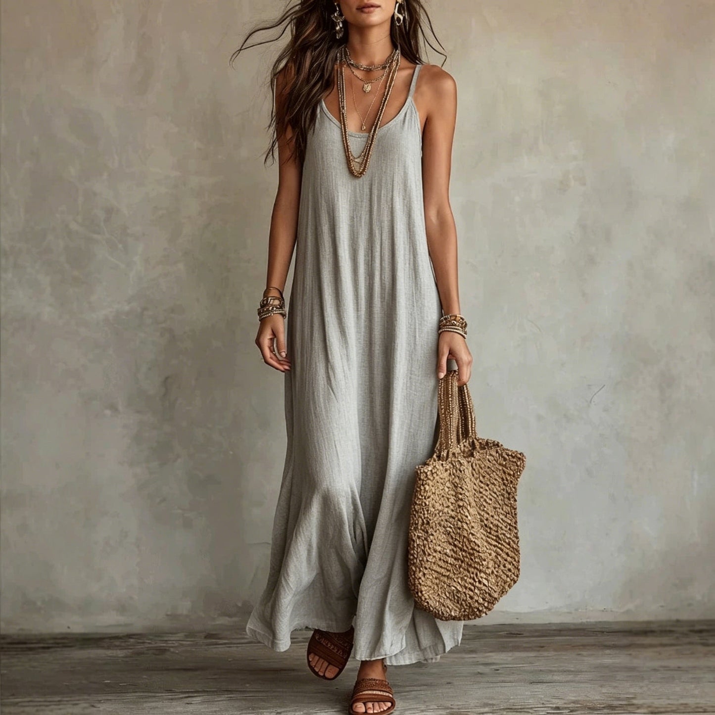 Textured Linen Spaghetti Strap Loose Maxi Tent Dress