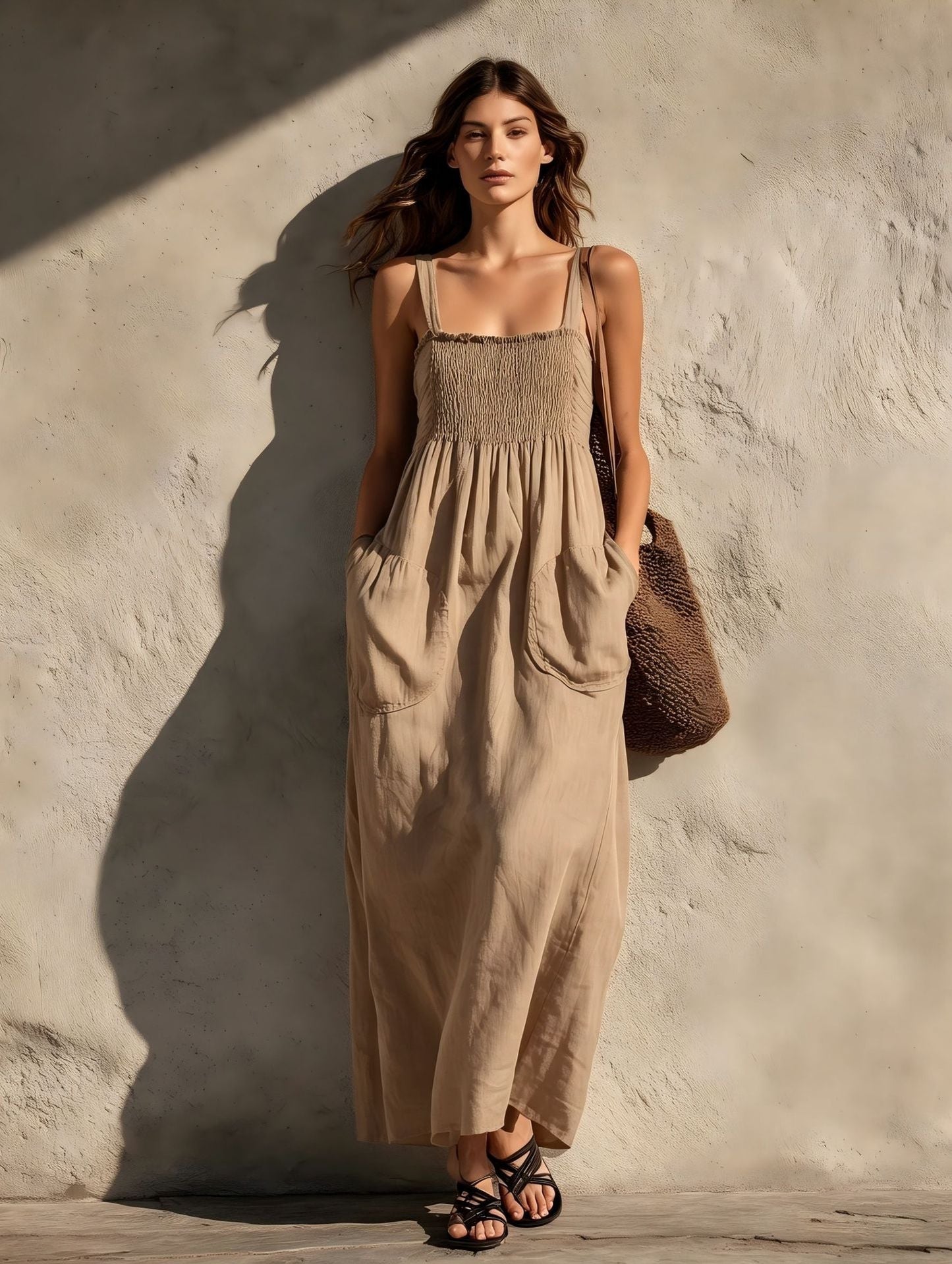 Smocked Square Neck Spaghetti Strap Pocket Linen Blend Maxi Dress