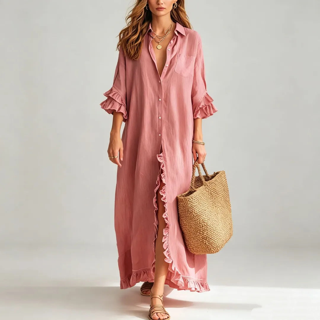 Linen Ruffle Trim 3/4 Sleeve Shirt Maxi Dress