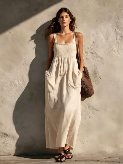 Smocked Square Neck Spaghetti Strap Pocket Linen Blend Maxi Dress