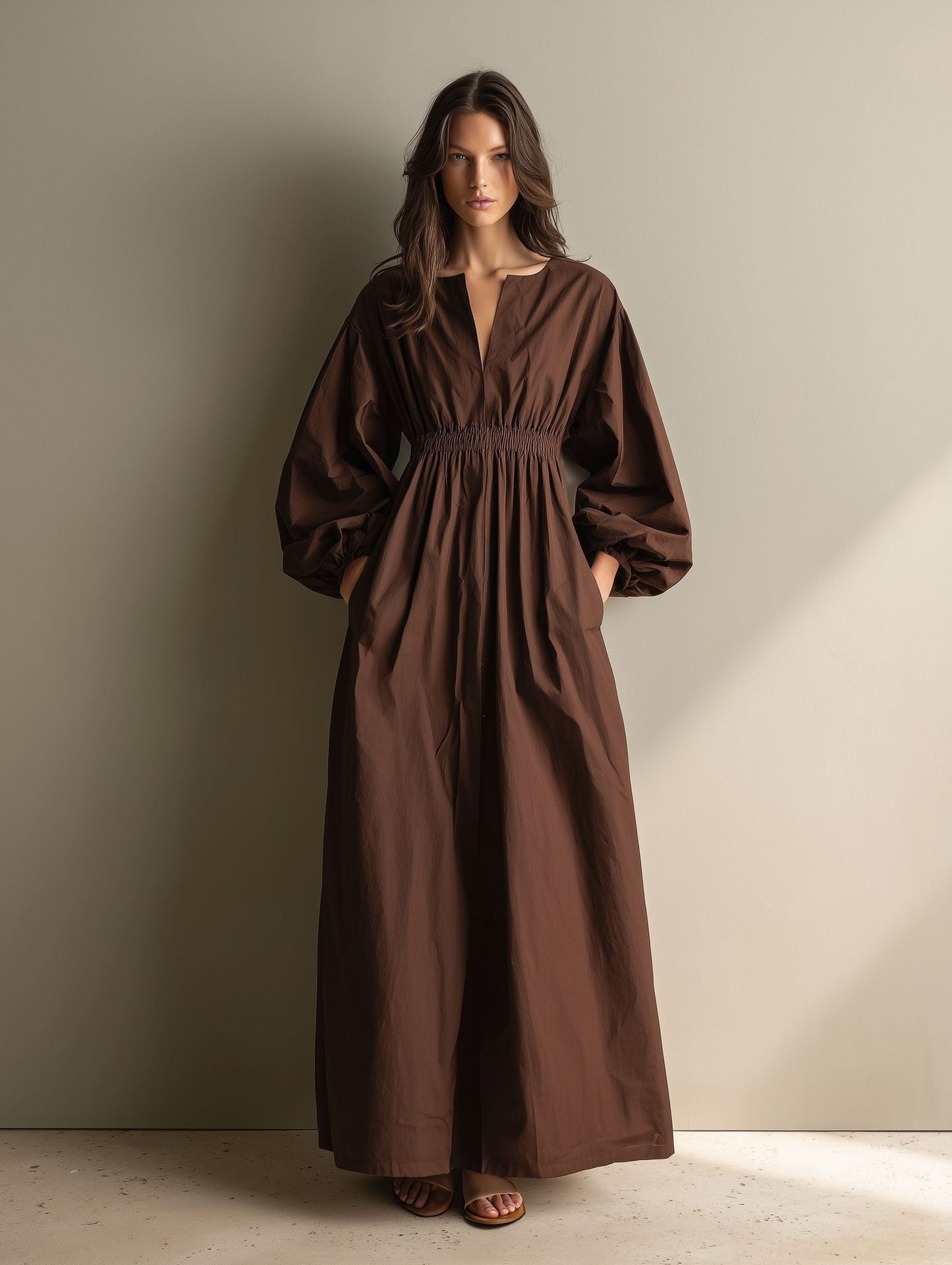 Poplin Split V Balloon Sleeve Smocked Waist Maxi Dress