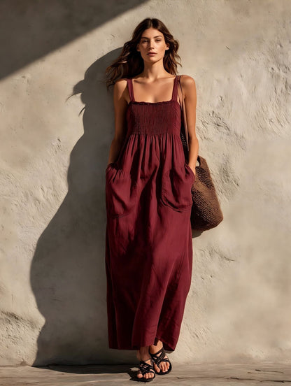 Smocked Square Neck Spaghetti Strap Pocket Linen Blend Maxi Dress