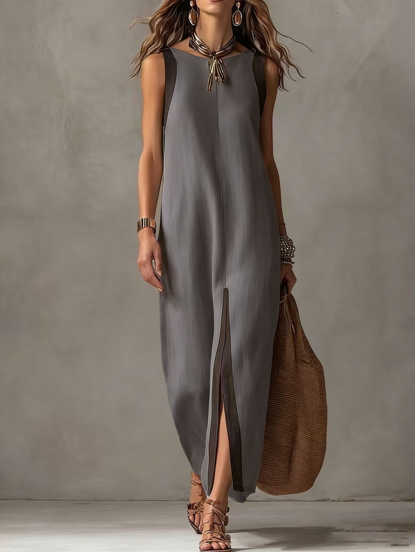 Two-Tone Color Block Sleeveless Straight Midi Dress