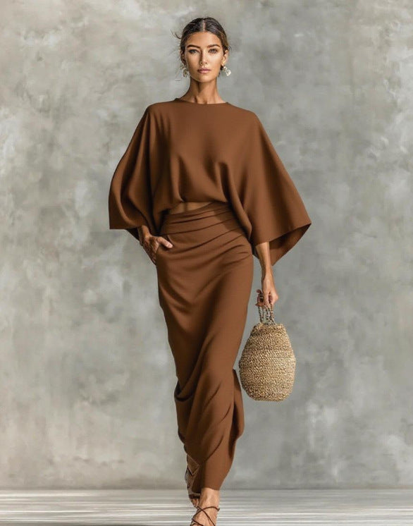 Natural Linen Batwing Crop Top Wrap Ruched Midi Skirt Two Piece Set