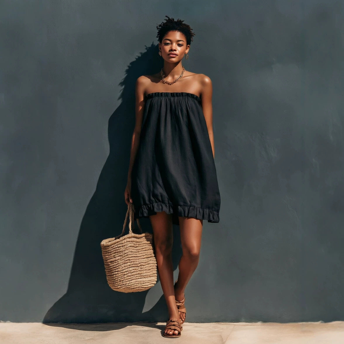 Linen Strapless Ruffle Trim Loose Tent Mini Dress