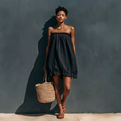 Linen Strapless Ruffle Trim Loose Tent Mini Dress