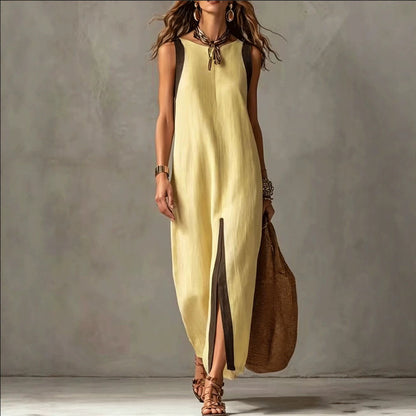 Two-Tone Color Block Sleeveless Straight Midi Dress