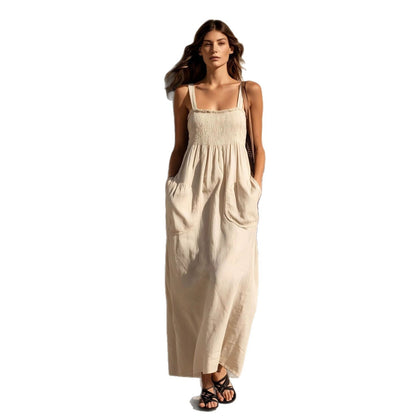 Smocked Square Neck Spaghetti Strap Pocket Linen Blend Maxi Dress
