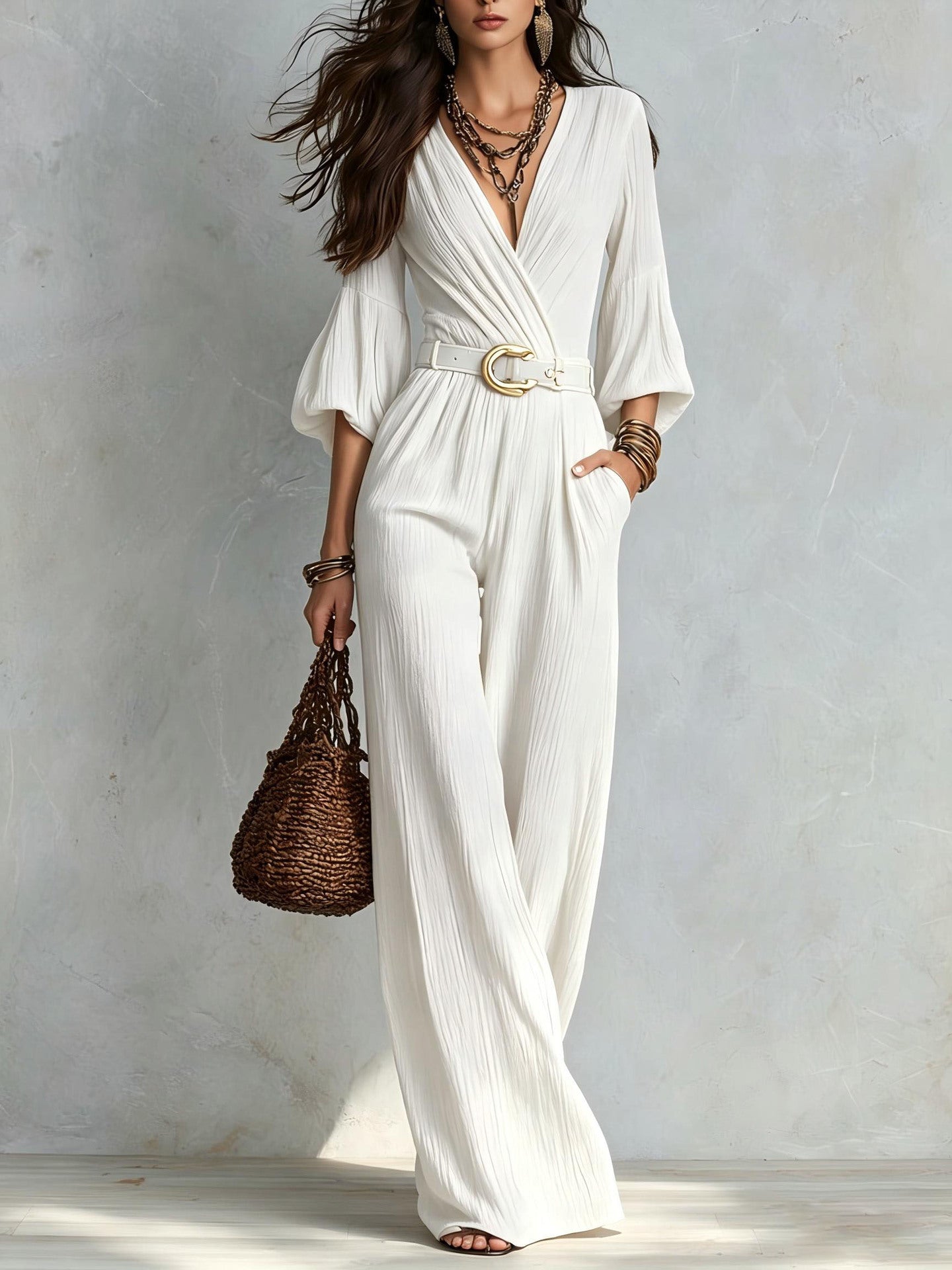 Crinkle Wrap V Neck Balloon Sleeve Belted Wide Leg Jumpsuit