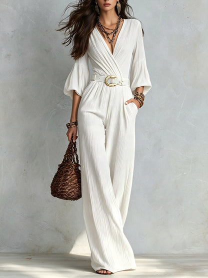 Crinkle Wrap V Neck Balloon Sleeve Belted Wide Leg Jumpsuit