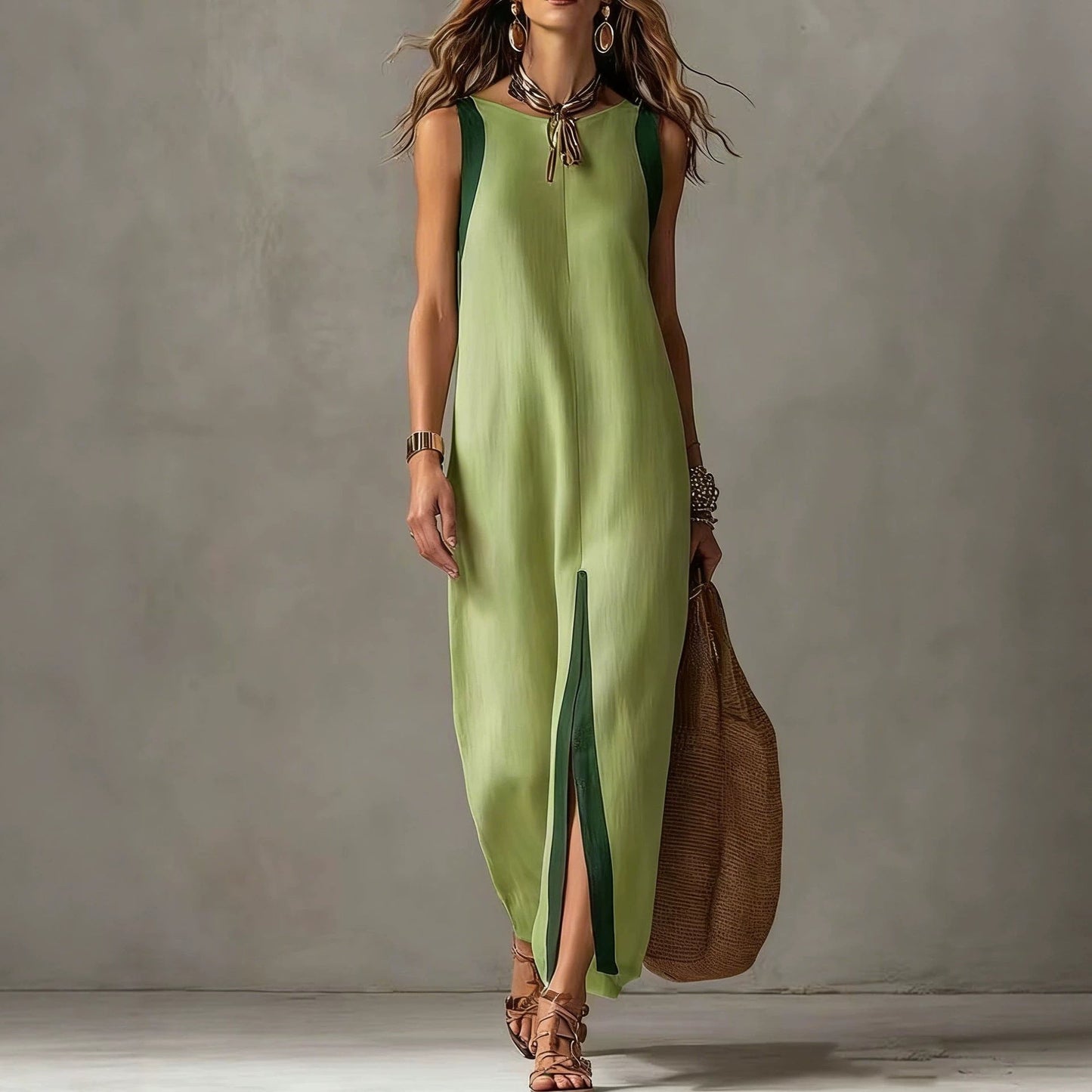 Two-Tone Color Block Sleeveless Straight Midi Dress