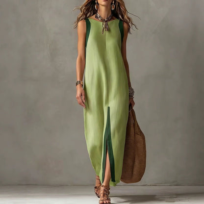 Two-Tone Color Block Sleeveless Straight Midi Dress