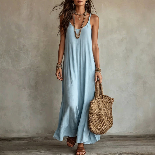 Textured Linen Spaghetti Strap Loose Maxi Tent Dress