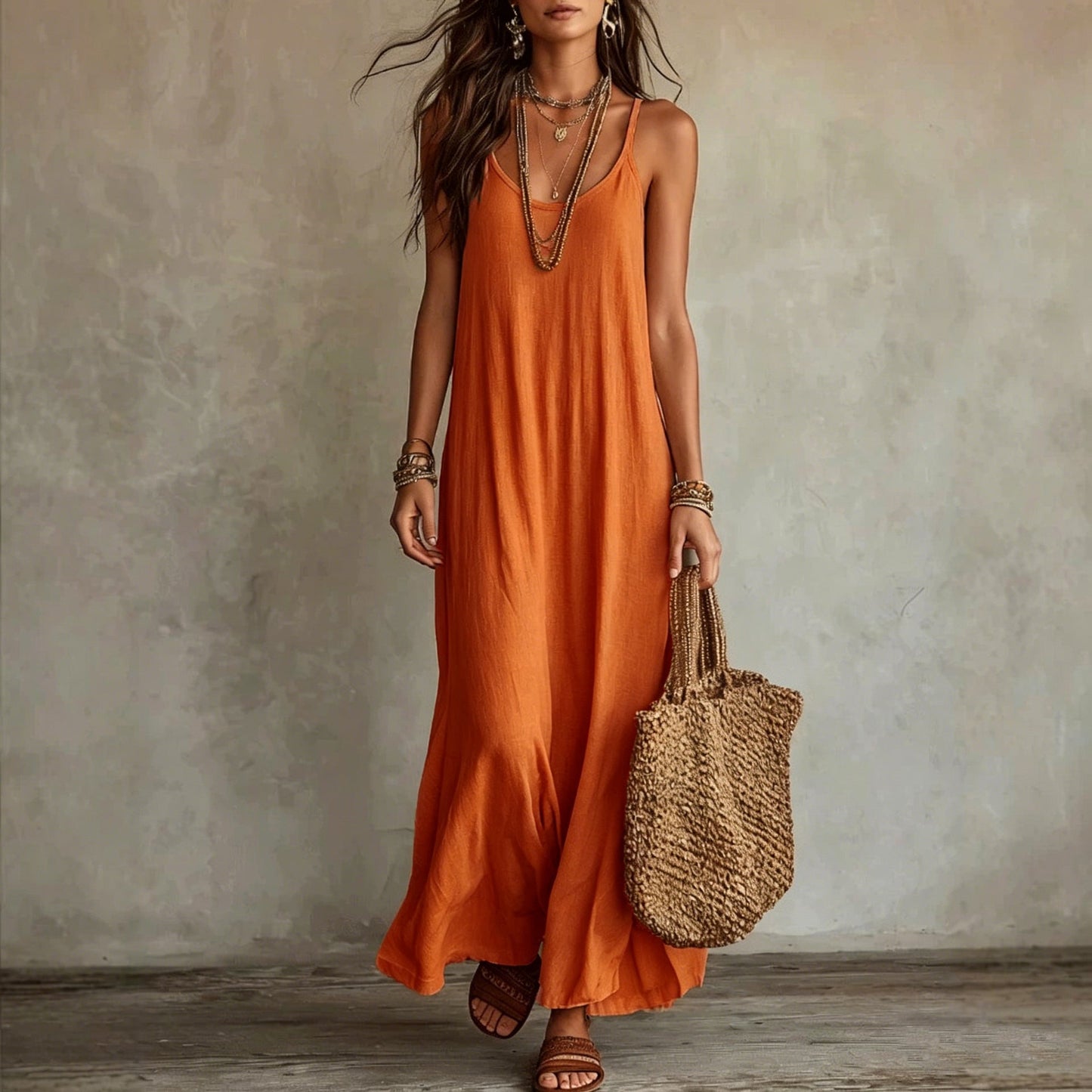 Textured Linen Spaghetti Strap Loose Maxi Tent Dress