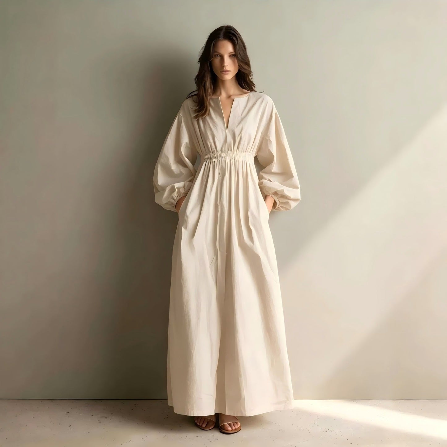 Poplin Split V Balloon Sleeve Smocked Waist Maxi Dress