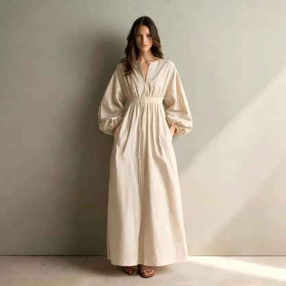 Poplin Split V Balloon Sleeve Smocked Waist Maxi Dress