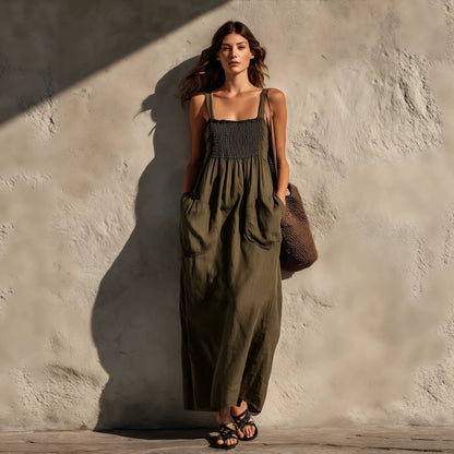 Smocked Square Neck Spaghetti Strap Pocket Linen Blend Maxi Dress