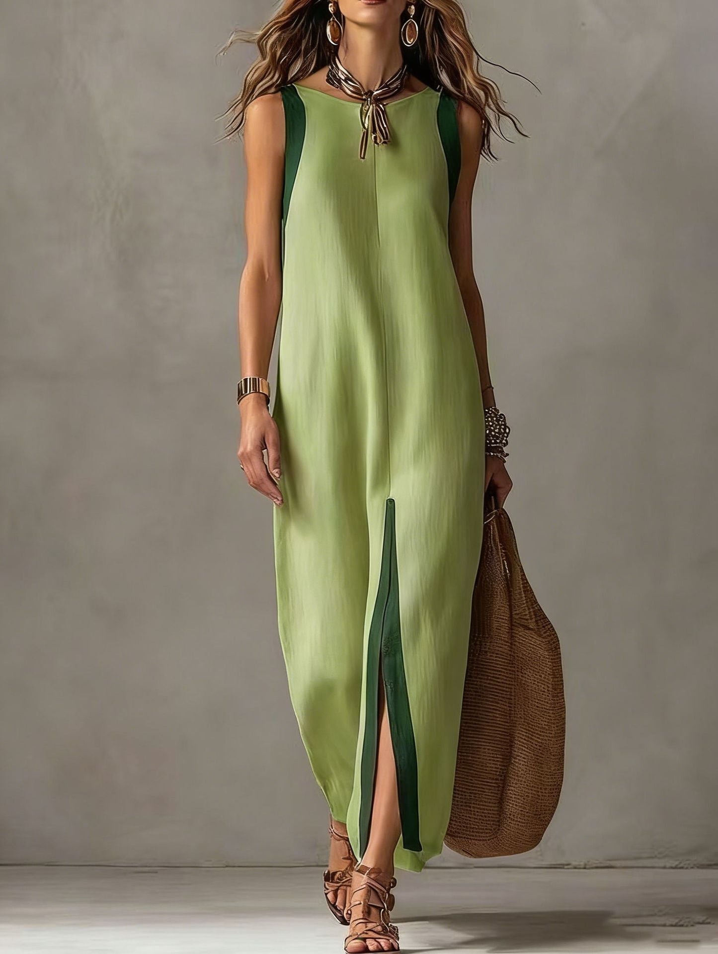 Two-Tone Color Block Sleeveless Straight Midi Dress