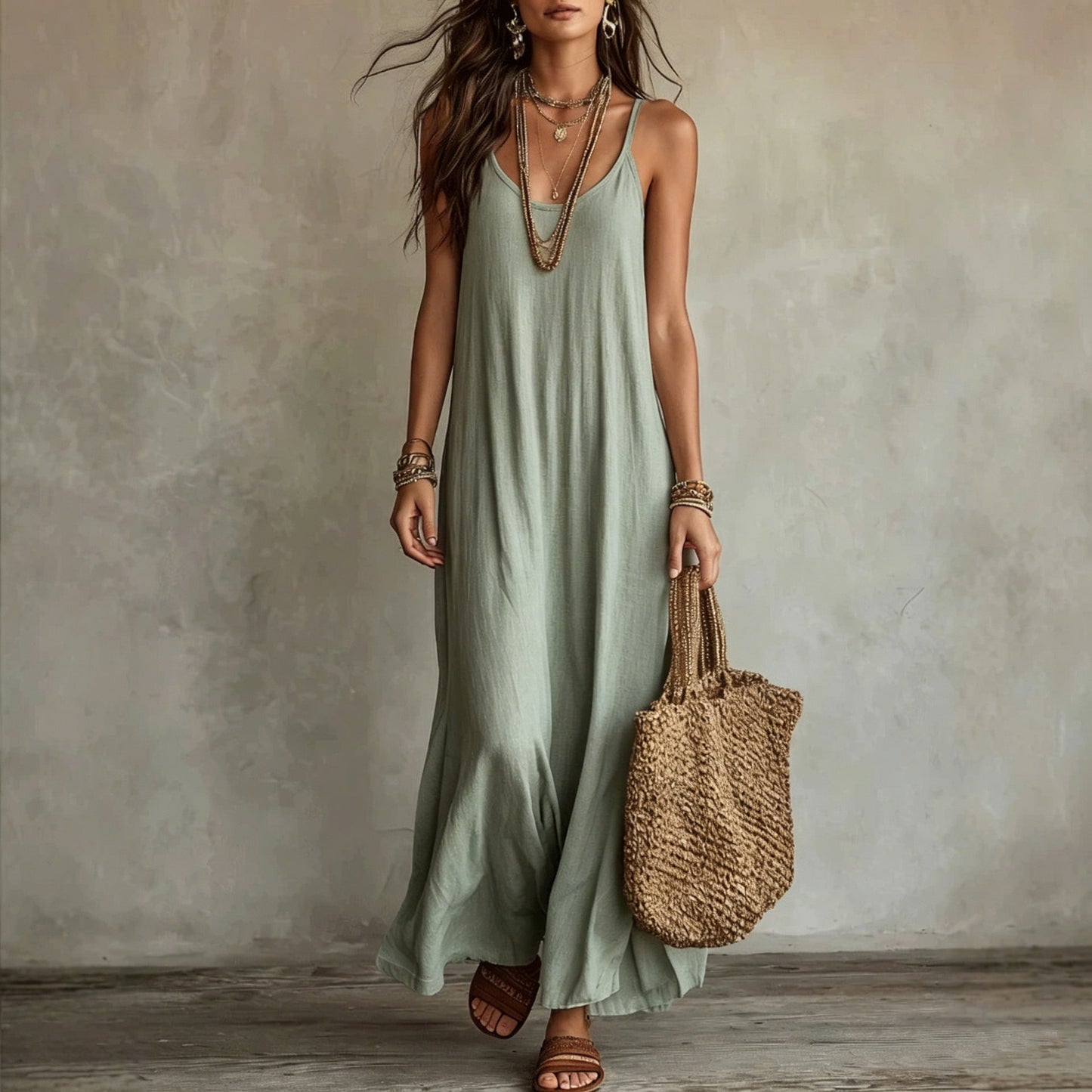 Textured Linen Spaghetti Strap Loose Maxi Tent Dress