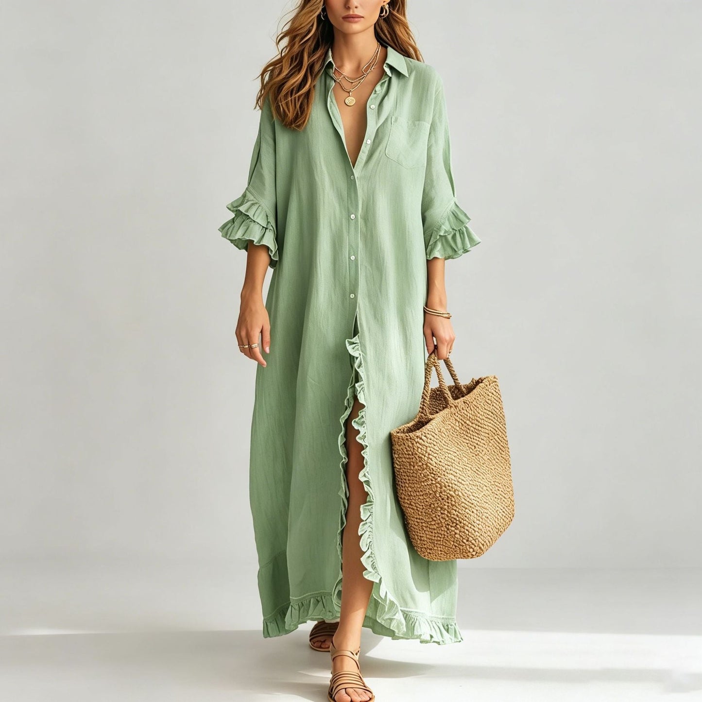 Linen Ruffle Trim 3/4 Sleeve Shirt Maxi Dress