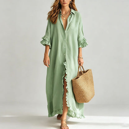 Linen Ruffle Trim 3/4 Sleeve Shirt Maxi Dress