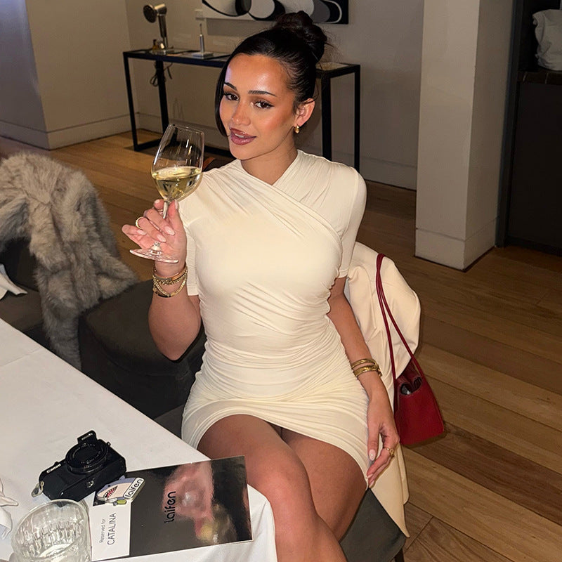 Wrap V Neck Short Sleeve Side Ruched Bodycon Mini Dress