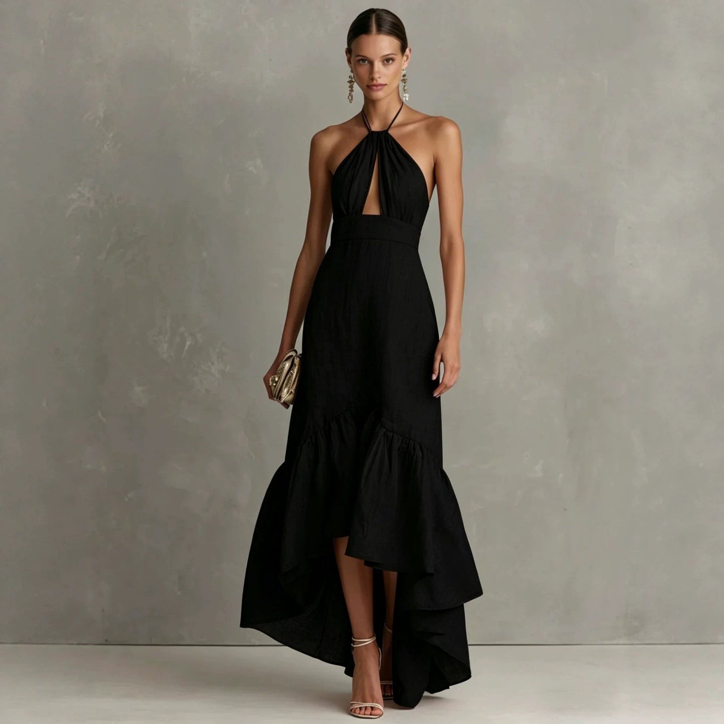Textured Halter Keyhole High Low Ruffle Maxi Dress