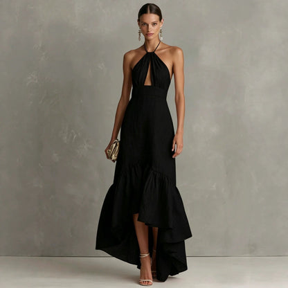Textured Halter Keyhole High Low Ruffle Maxi Dress