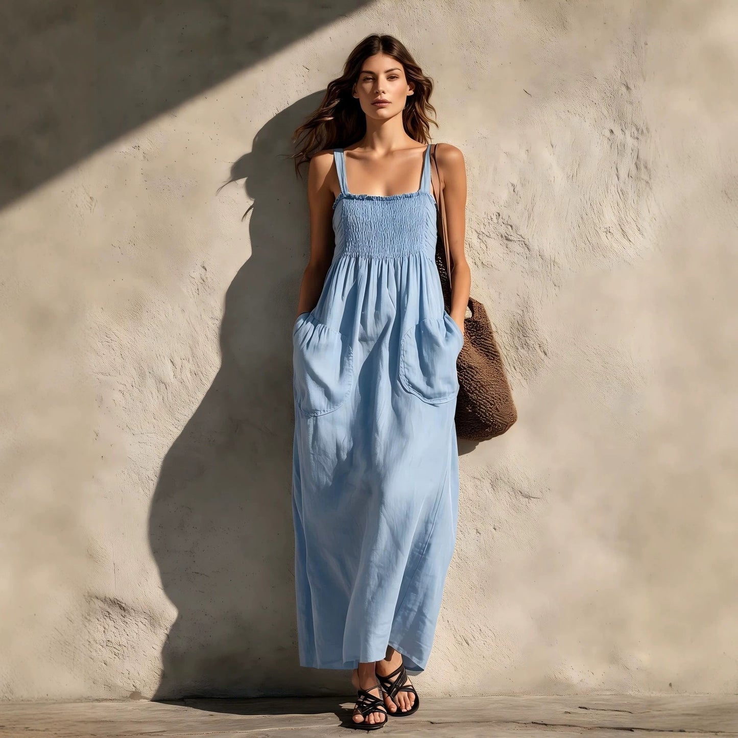 Smocked Square Neck Spaghetti Strap Pocket Linen Blend Maxi Dress