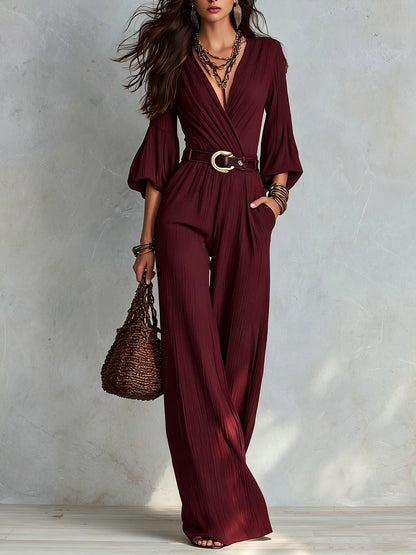 Crinkle Wrap V Neck Balloon Sleeve Belted Wide Leg Jumpsuit