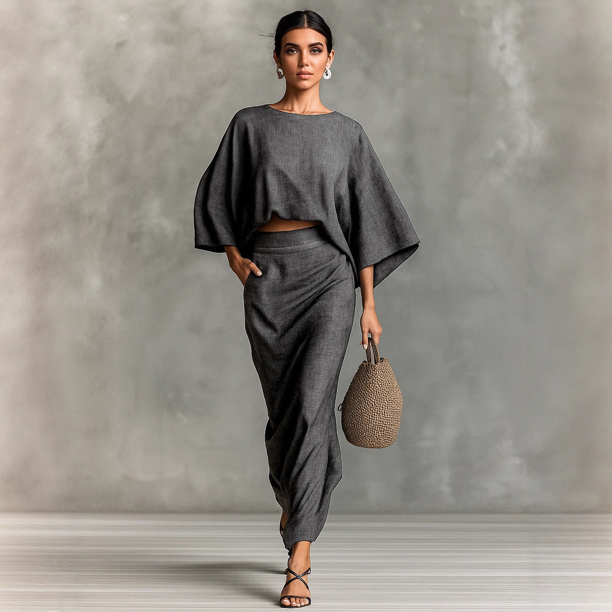 Natural Linen Batwing Crop Top Wrap Ruched Midi Skirt Two Piece Set