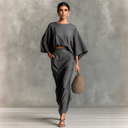 Natural Linen Batwing Crop Top Wrap Ruched Midi Skirt Two Piece Set