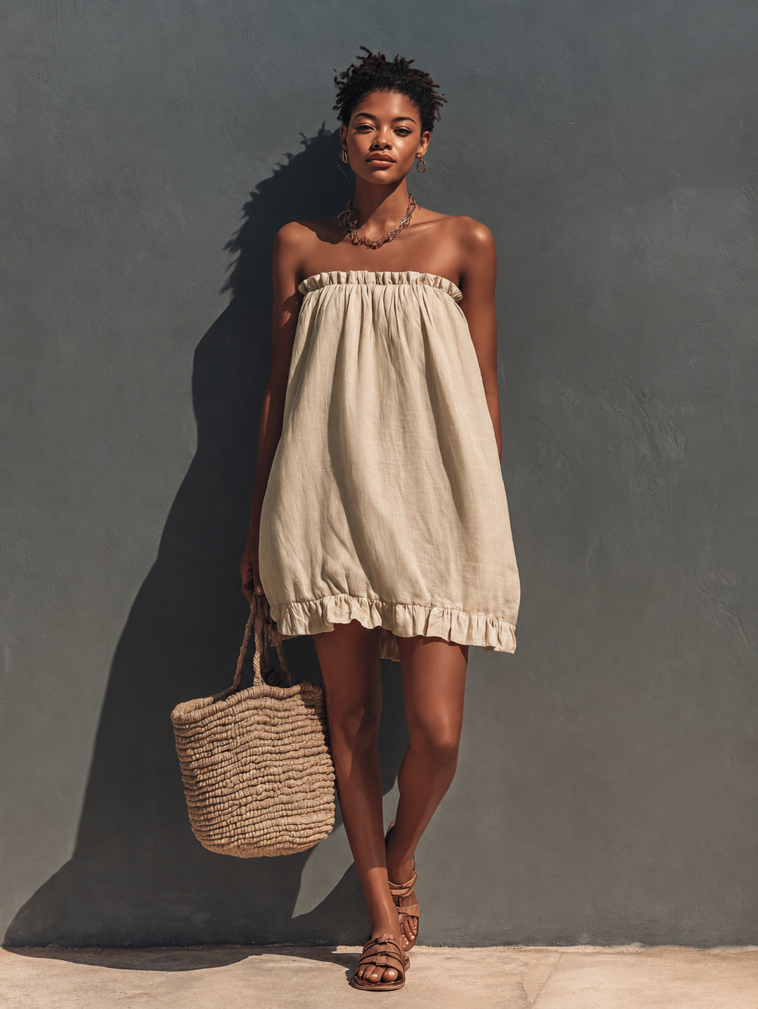 Linen Strapless Ruffle Trim Loose Tent Mini Dress