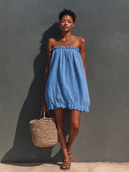 Linen Strapless Ruffle Trim Loose Tent Mini Dress