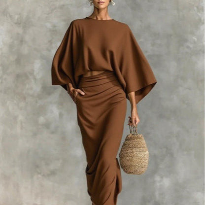 Natural Linen Batwing Crop Top Wrap Ruched Midi Skirt Two Piece Set