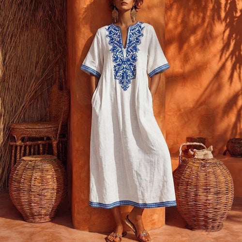 Linen Floral Embroidery V Neck Short Sleeve Midi Kaftan Dress