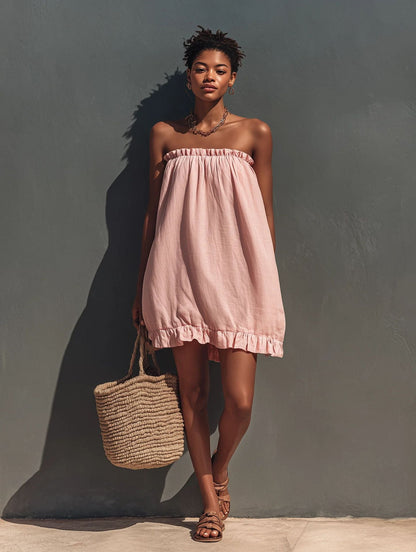 Linen Strapless Ruffle Trim Loose Tent Mini Dress