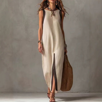 Two-Tone Color Block Sleeveless Straight Midi Dress