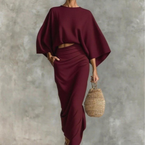 Natural Linen Batwing Crop Top Wrap Ruched Midi Skirt Two Piece Set