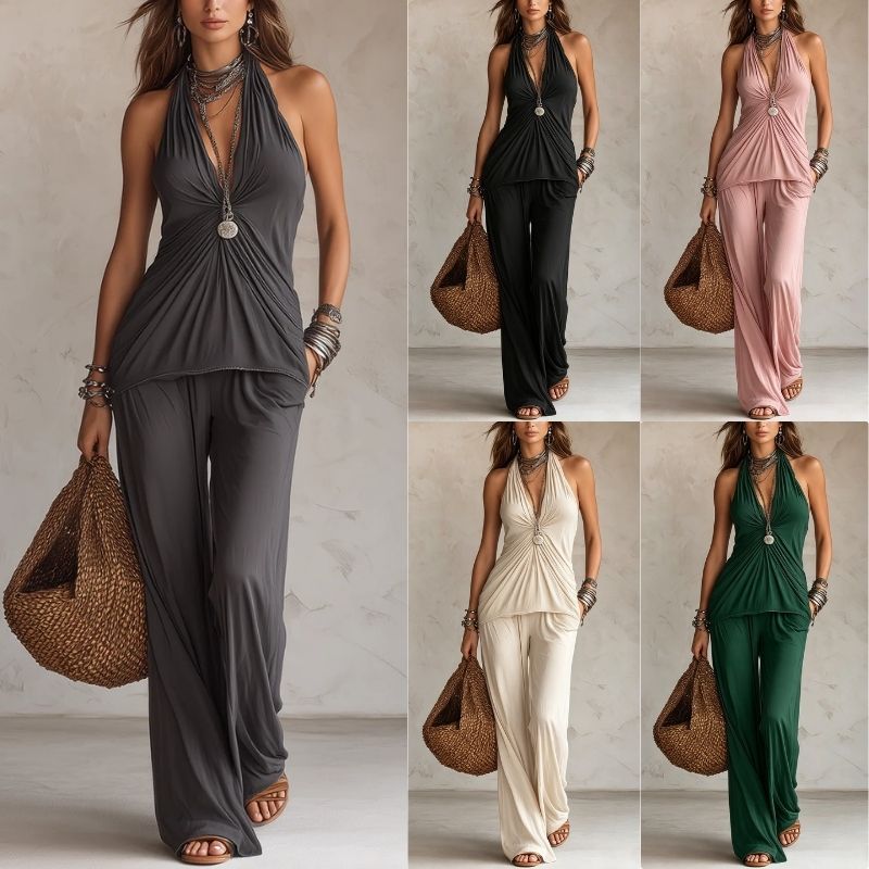 Halter Twist Ruched Top Wide Leg Pants Two Piece Set