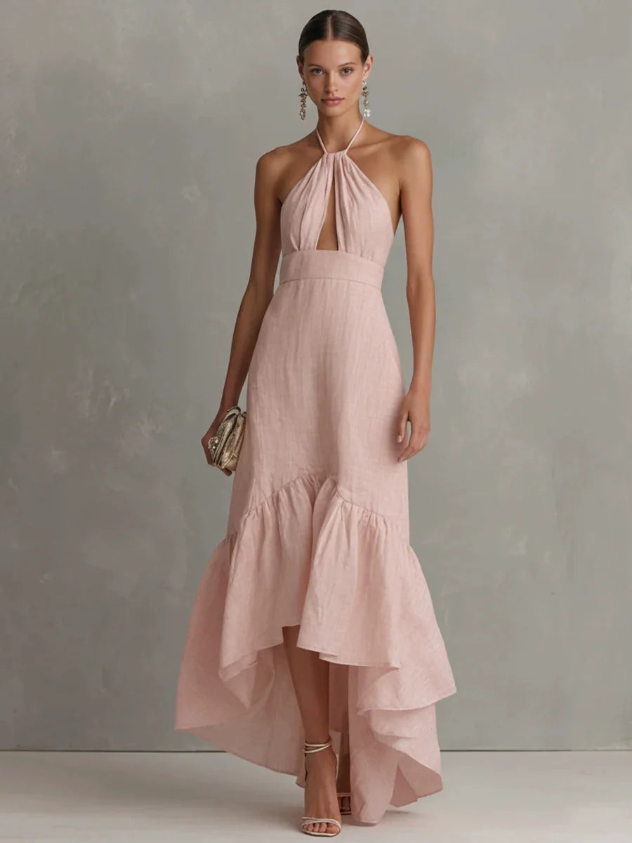 Textured Halter Keyhole High Low Ruffle Maxi Dress