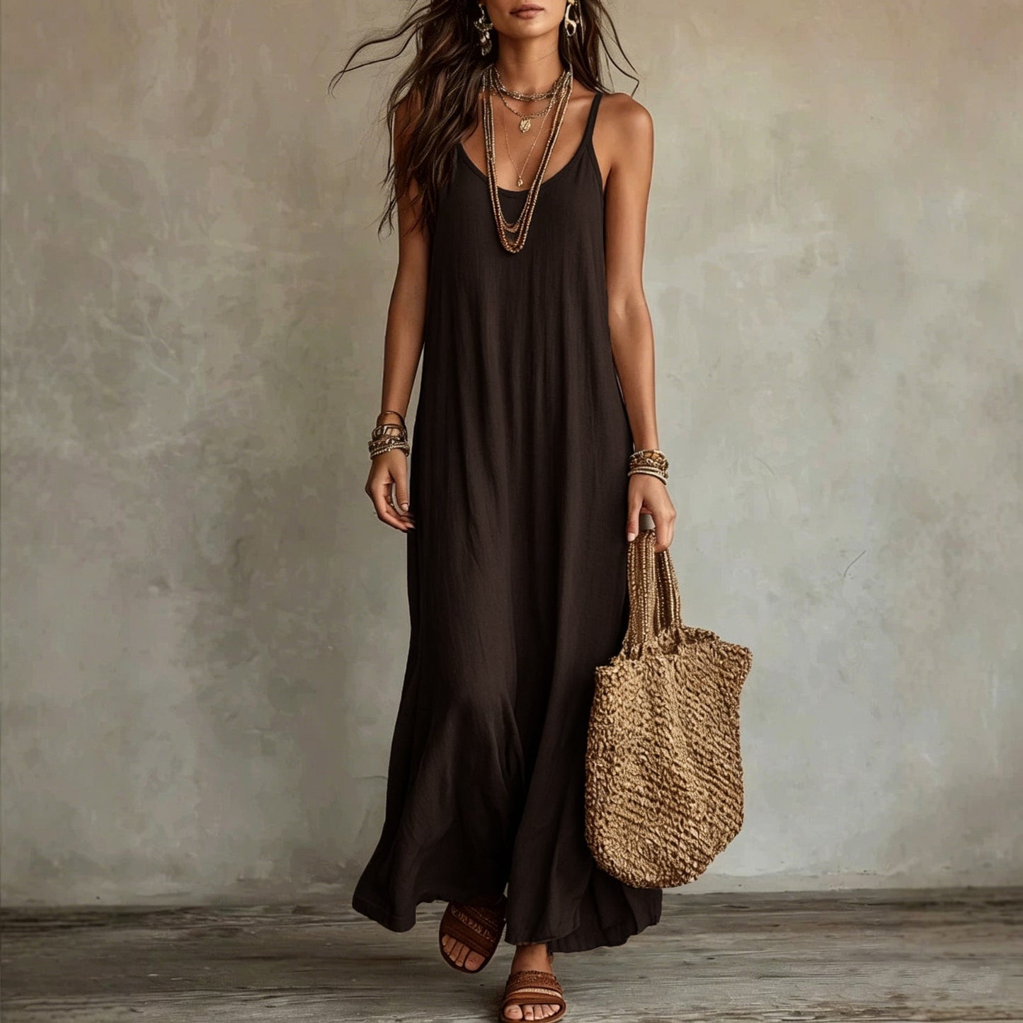Textured Linen Spaghetti Strap Loose Maxi Tent Dress
