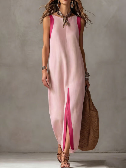 Two-Tone Color Block Sleeveless Straight Midi Dress