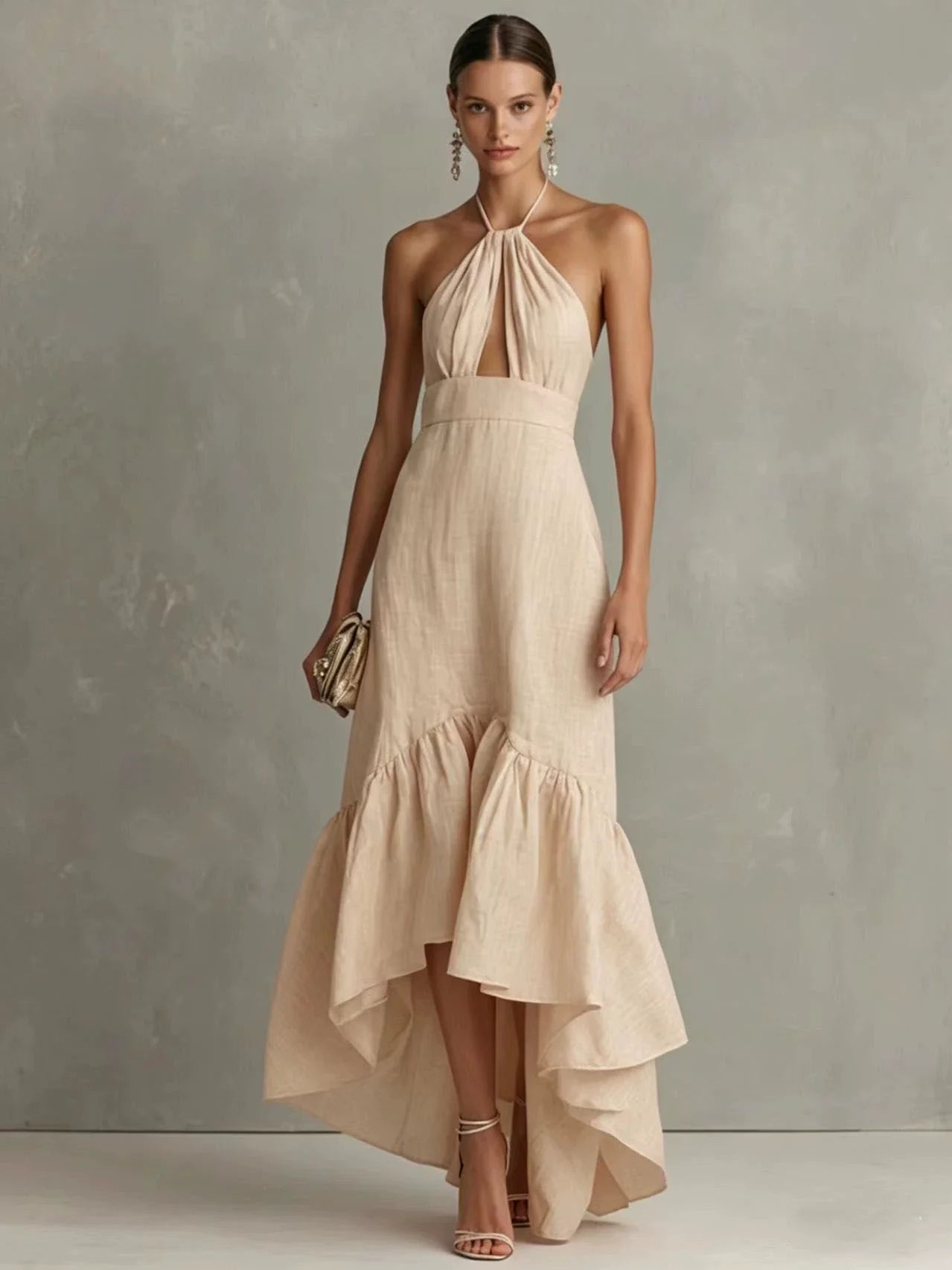 Textured Halter Keyhole High Low Ruffle Maxi Dress
