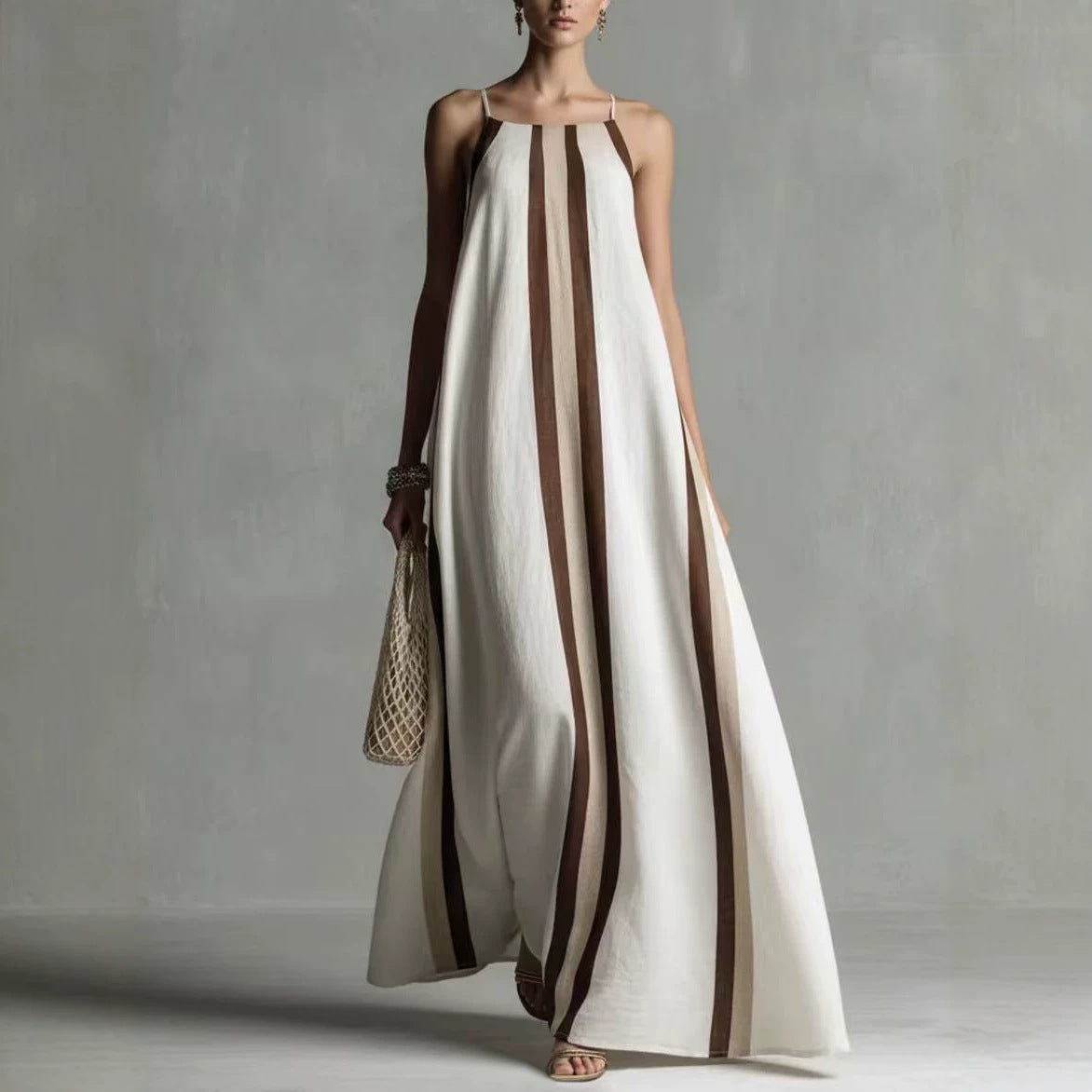 Vertical Stripe Spaghetti Strap Loose Flowy Maxi Dress