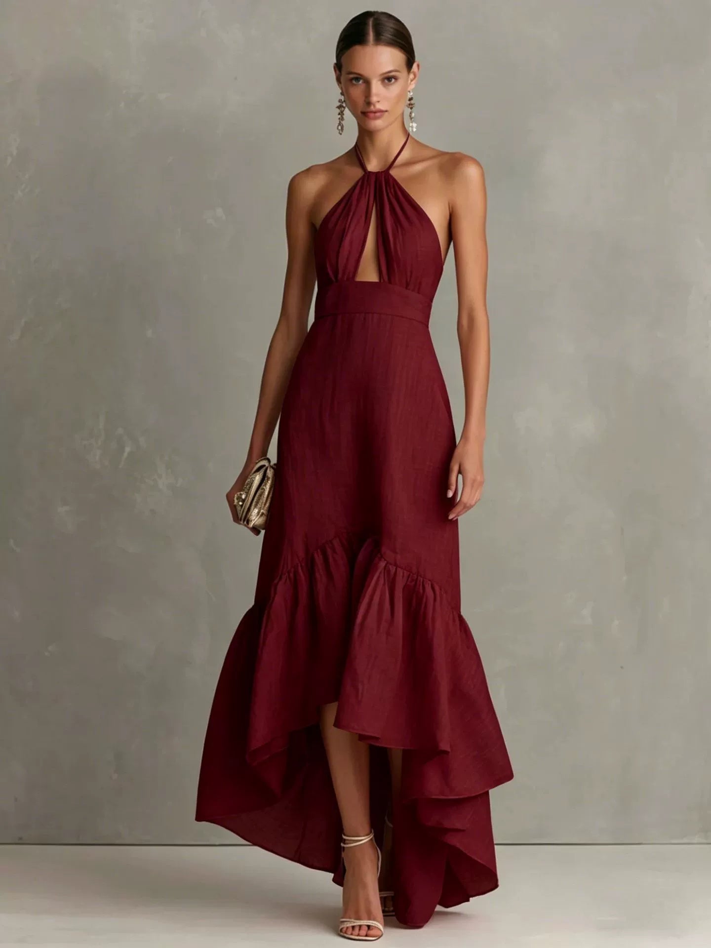 Textured Halter Keyhole High Low Ruffle Maxi Dress