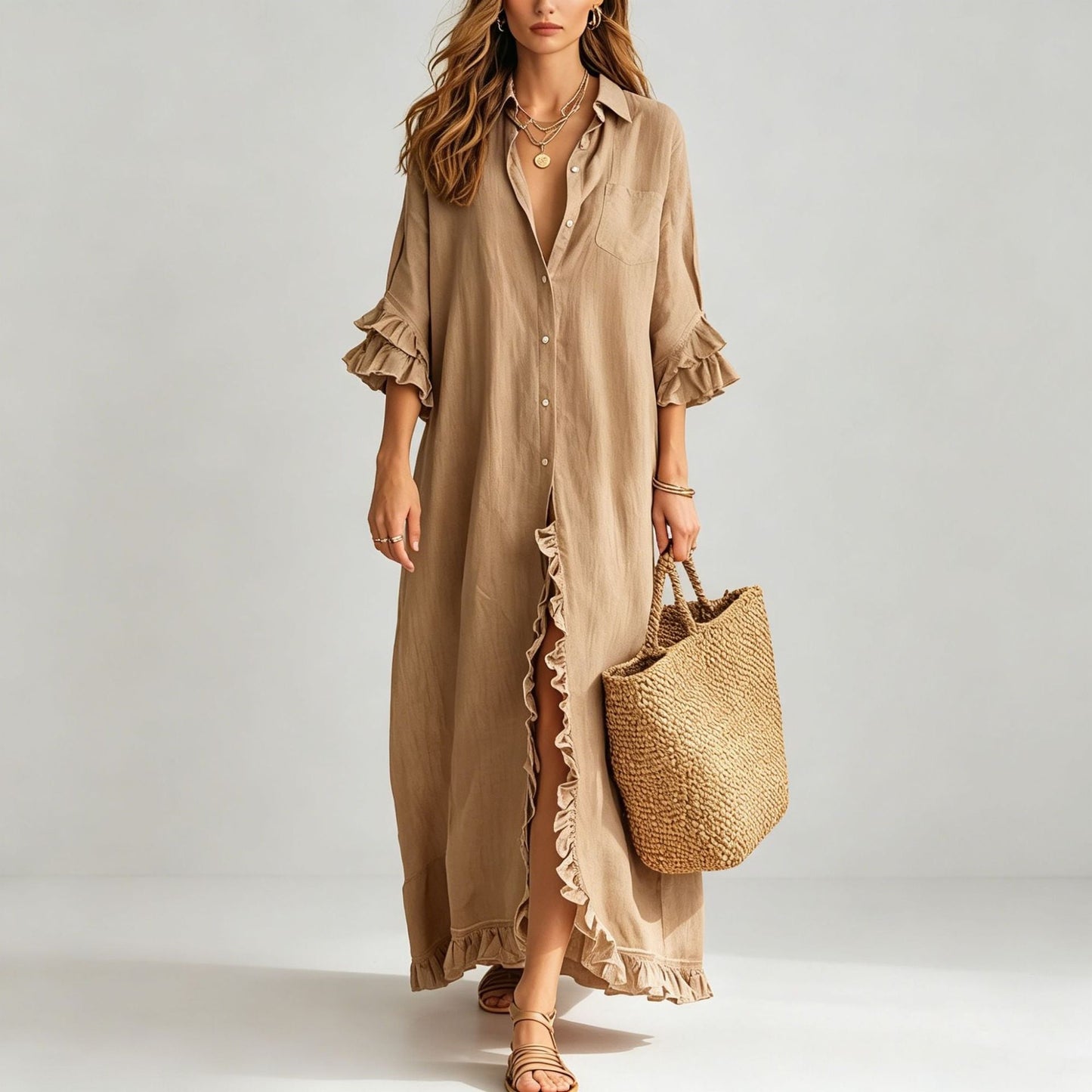 Linen Ruffle Trim 3/4 Sleeve Shirt Maxi Dress
